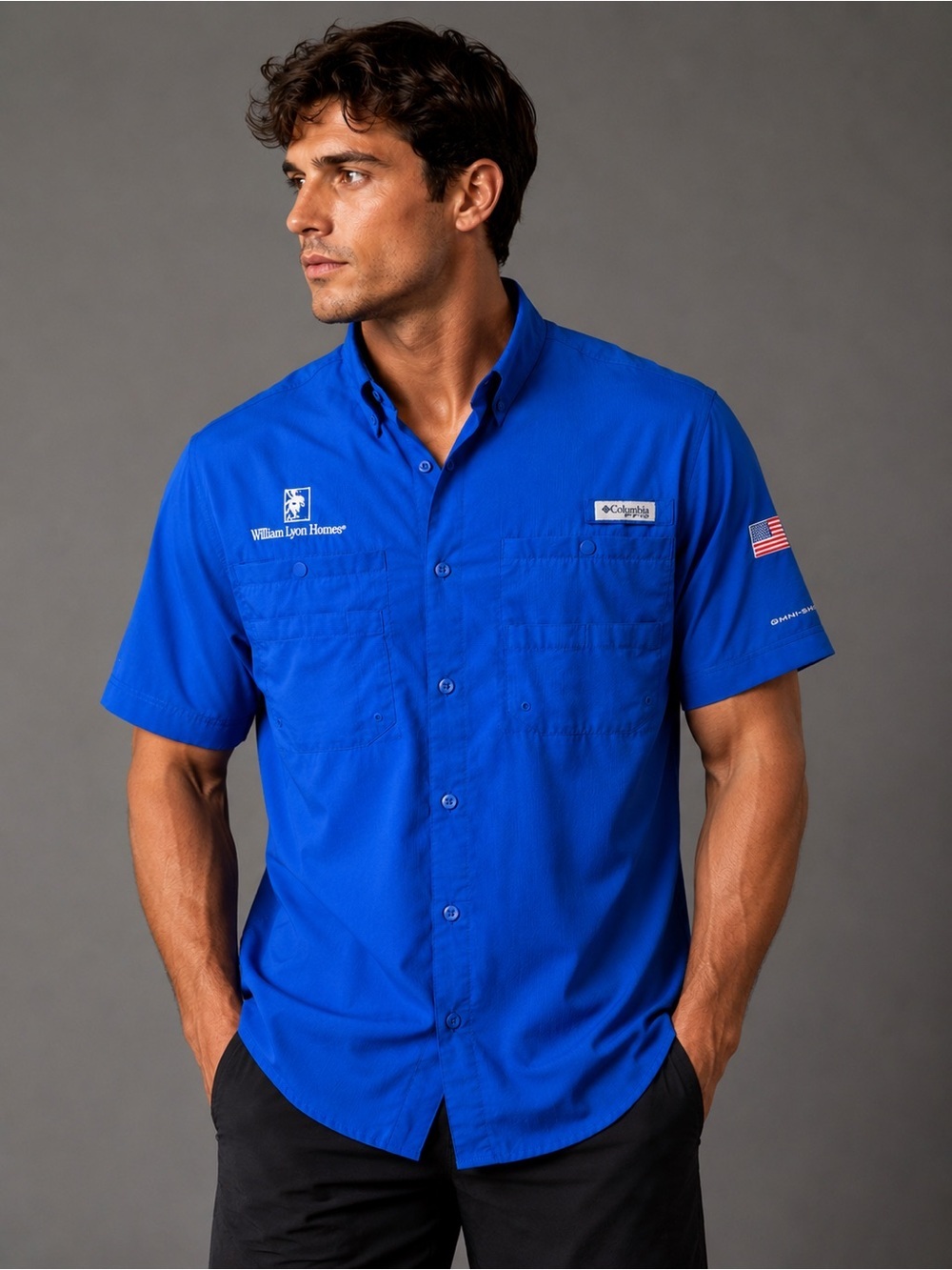Columbia PFG Fishing Shirt Blue William Lyon Homes Logo Omni-Shade SP